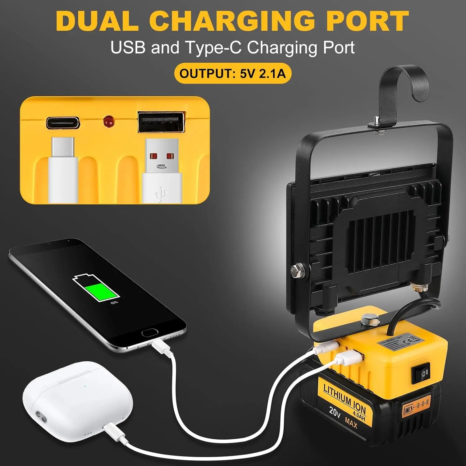Portable 60W LED Work Light With Hook Handheld Emergency Camping 6000LM Rechargeable Flood Light Compatible With DeWalt Makita