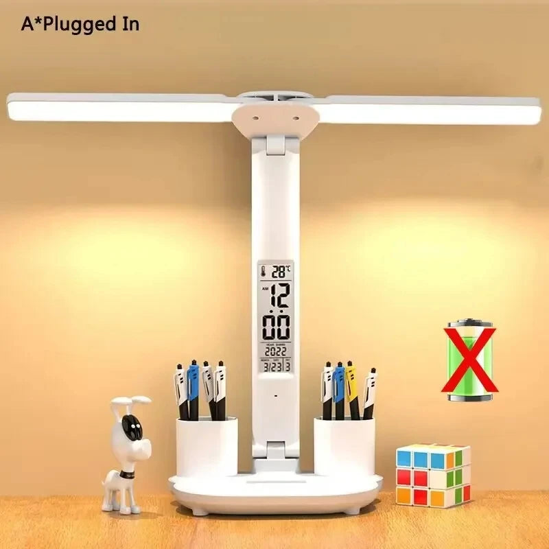 LED Rechargeable Table Lamp for Study, Desk Lamp Reading Light Led Table Light with Fan, Led Clock Dispaly Reading Lamp
