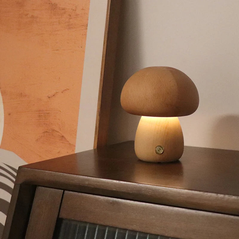 Mushroom LED Night Light Dimmable Wooden Bedroom Bedside Table Lamp with Touch Switch Room Decoration Lighting Chargeable