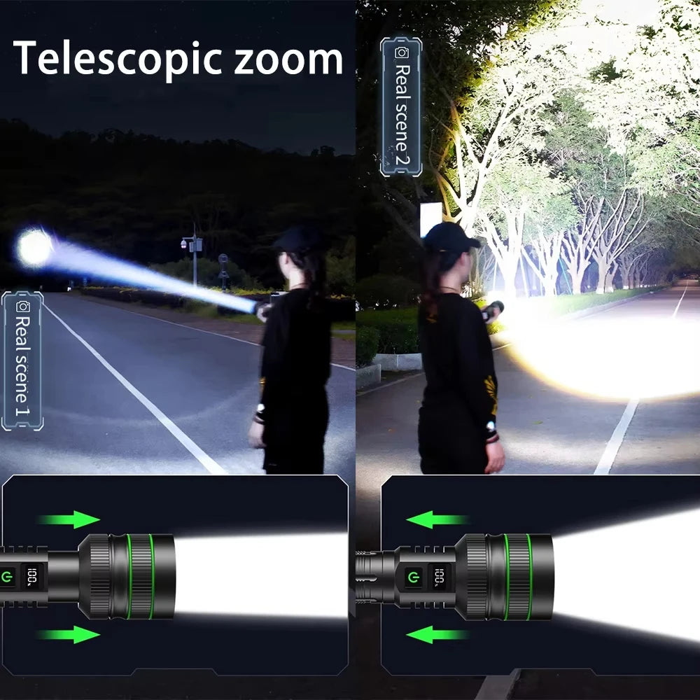 KENSUN Powerful Telephoto LED Flashlight with Variable Zoom Camping Torch Outdoor High-Power Tactical Light 26650 Battery