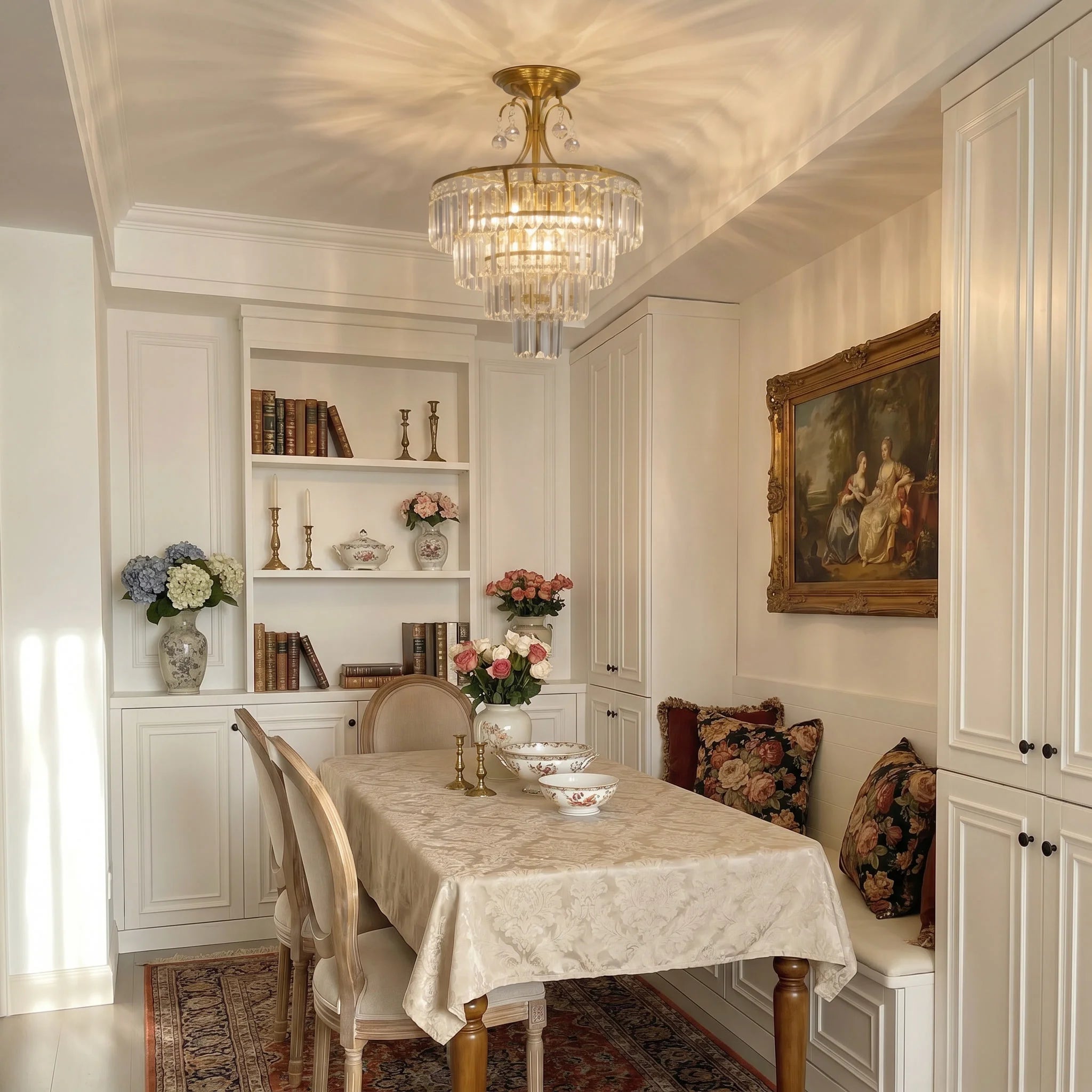Luxury Gold Crystal Ceiling Light, Round Dimmable Semi-Flush Mount Modern Crystal Ceiling Light for Dining Room/Bedroom/Hallway