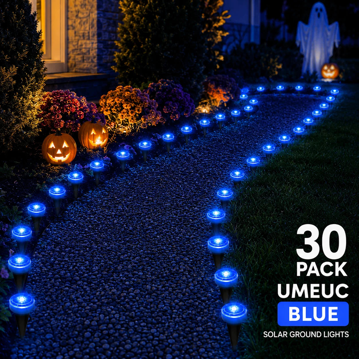 30 Pack Solar Ground Lights Outdoor, Blue LED Pathway Lights with 8 Lighting Modes, IP65 Waterproof Solar Garden Lights for Yard Lawn Walkway Patio Halloween Decorations