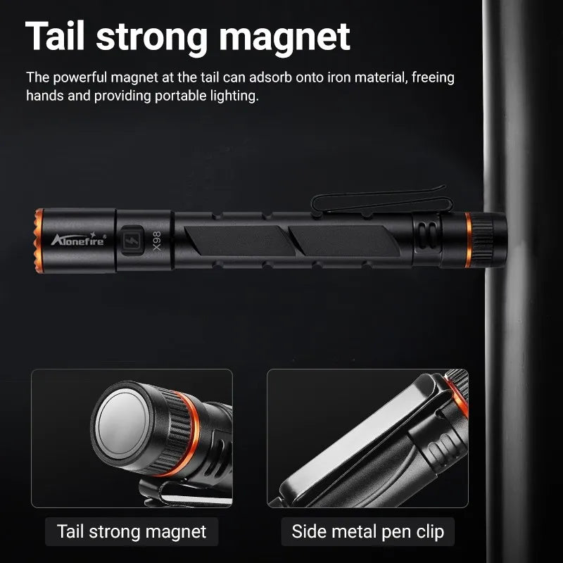 Alonefire Zoom Mini EDC Pen Light Flashlight USB Rechargeable Magnet Small Torch Outdoor Hiking Travel Camping Work Repair Lamp