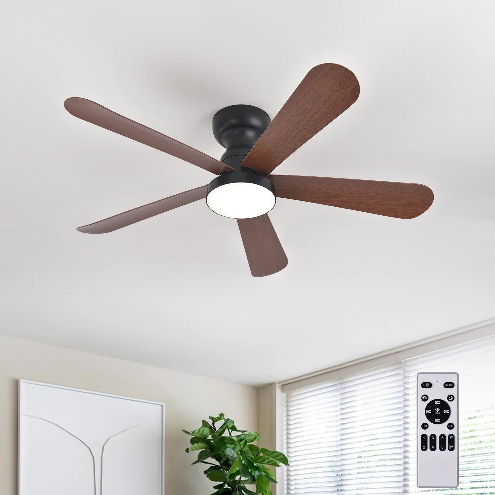 Indoor/Outdoor Flush Mount Ceiling Fan with Remote Control - 5 Blade Low Profile Fandelier - Reversible Quiet Timer