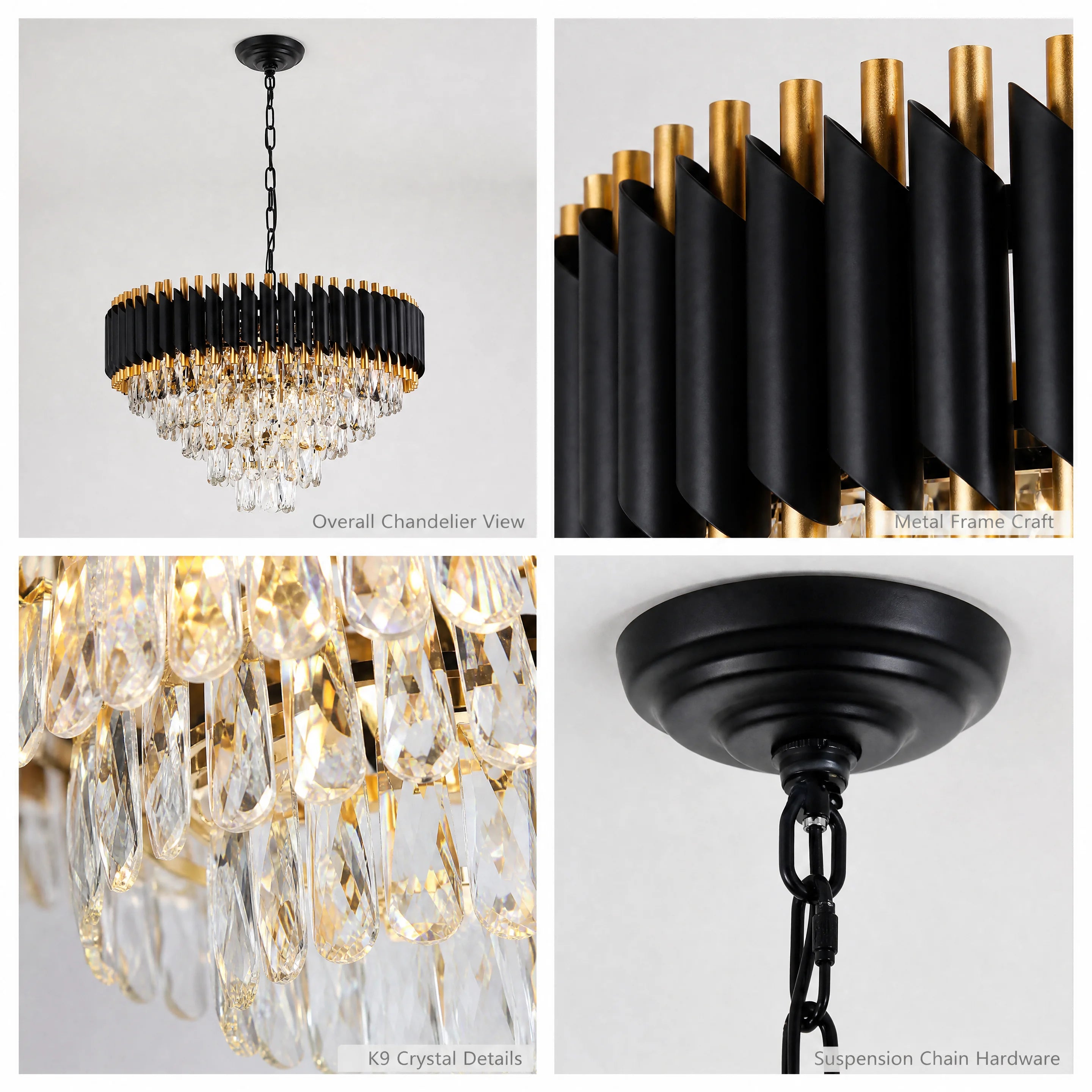 Modern Black & Gold Crystal Chandelier, Dimmable 5-Tier Round K9 Crystal Chandelier for Kitchen Island/Living Room/Bedroom