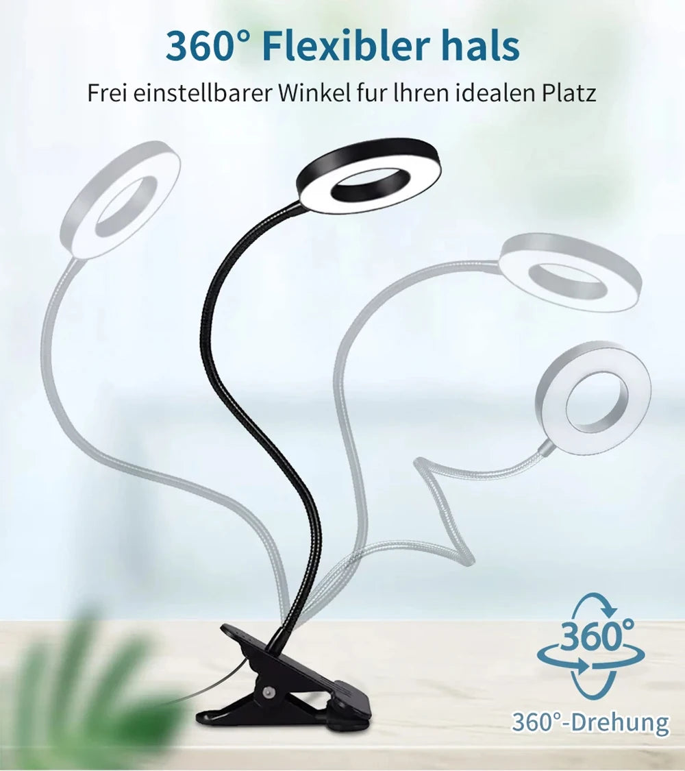 Clip on Light LED Reading Book Study Lamp 3 Color Modes 10 Brightness Eye Protection 360° Flexible Gooseneck Student Desk Lamp