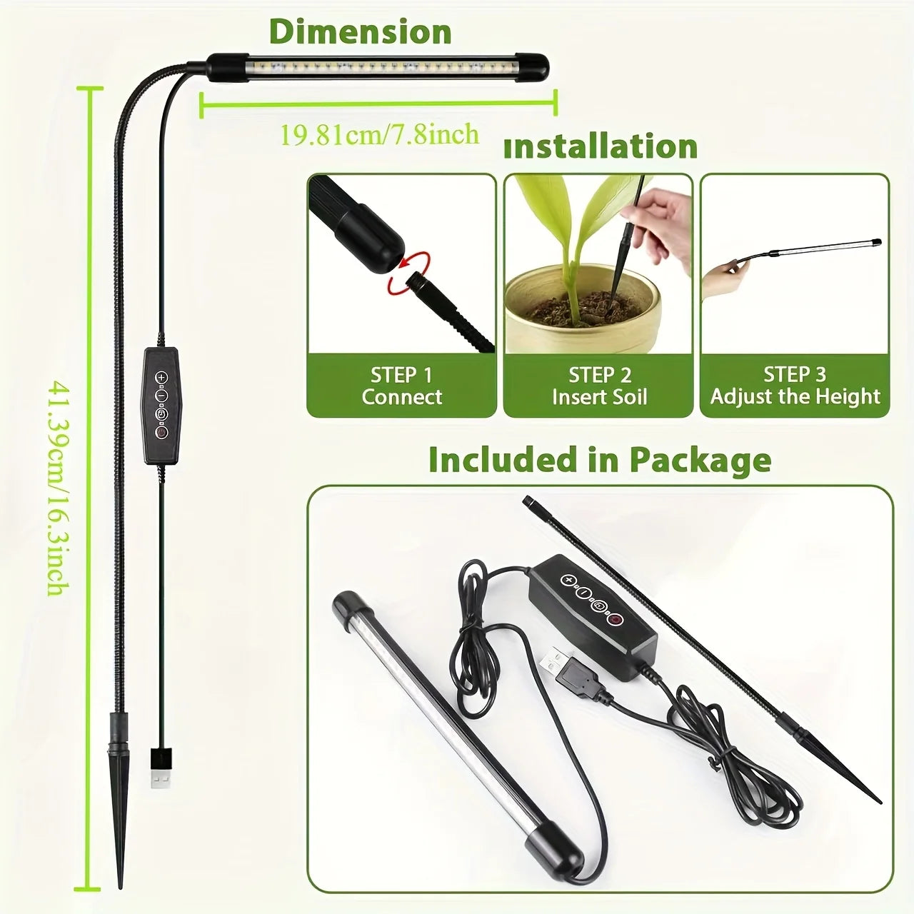 48LEDs Grow Lights for Indoor Plants 6000K Full Spectrum Ground Plug Grow Light with Gooseneck With 5 Level Dimmable & Auto Timer for Small and Indoor Plants