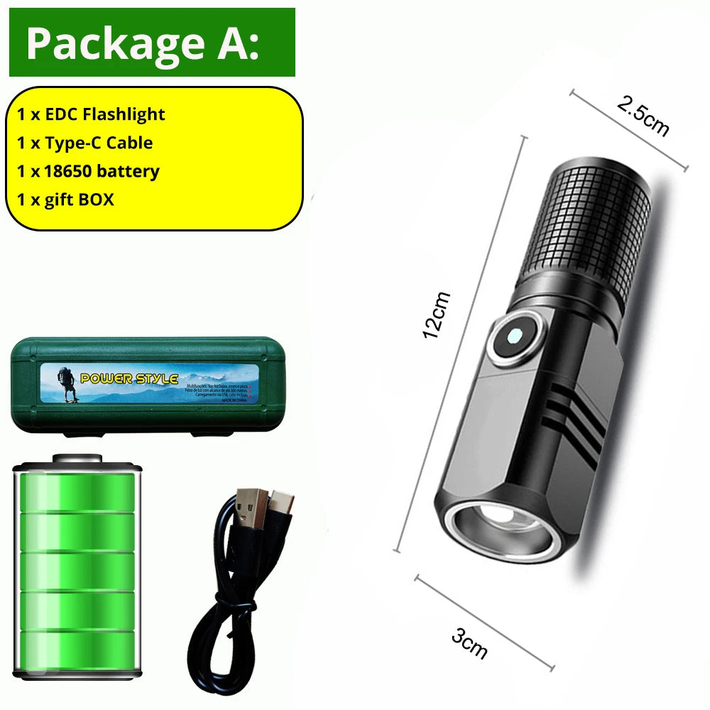 2024 Powerful Led MINI Flashlight XHP90 Built in Battery Shot Long Type-c Rechargeable Flash Light EDC Torch Lamp For Camping