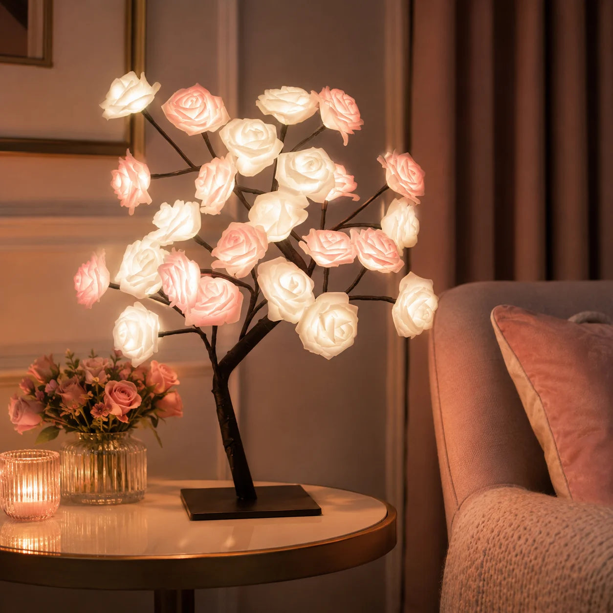 LED Rose Tree Lamp, USB Powered Artificial Flower Night Light Romantic Rose Blossom Design with colorful LED Glow, Perfect for Bedroom, Desk, Living Room and Special Occasions.