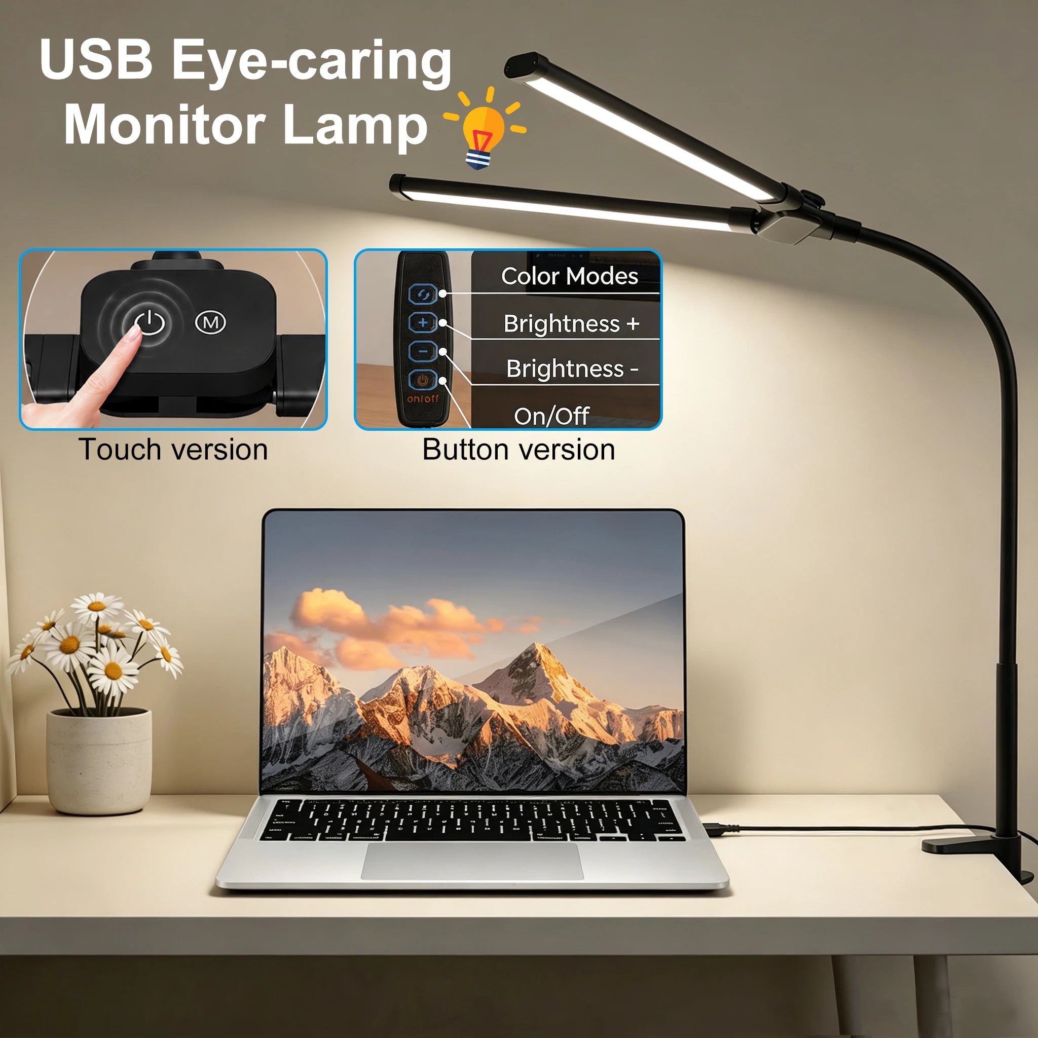 Eye-care Double Head Desk Lamp LED Clip-on 180 Degree Foldable 3 Color Modes Adjustable 3000K-6000K 10 Brightness Levels Computer Screen Light for Home Reading PC Game