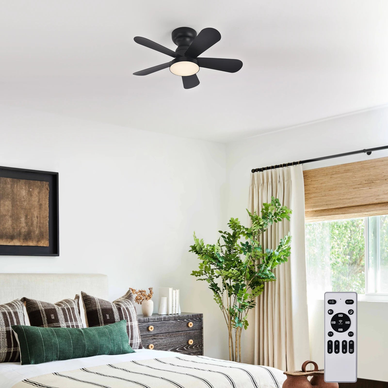 Indoor/Outdoor Flush Mount Ceiling Fan with Remote Control - 5 Blade Low Profile Fandelier - Reversible Quiet Timer