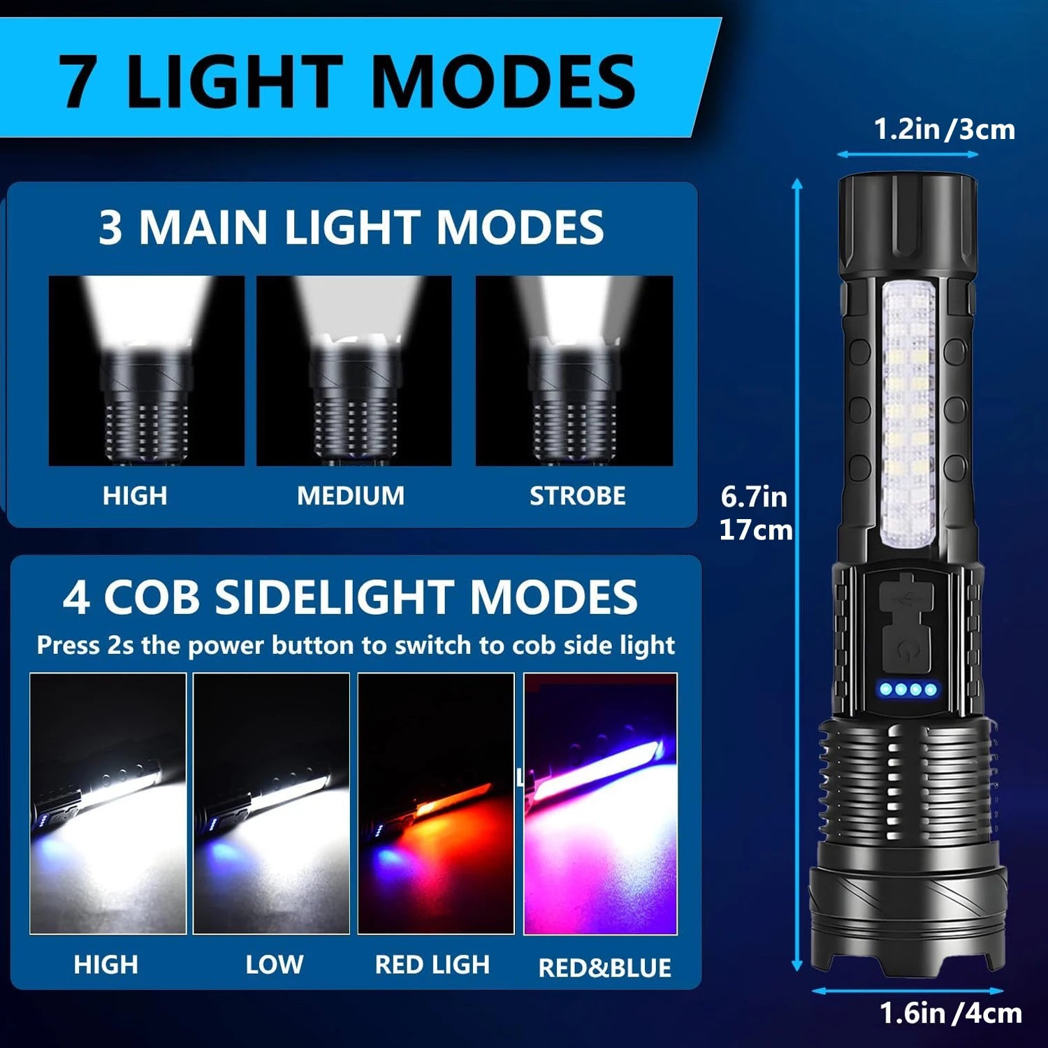 Rechargeable LED Flashlights, Super Bright Handheld Flashlight, 7 Modes with COB Work Light, Tactical Flash Light for Home