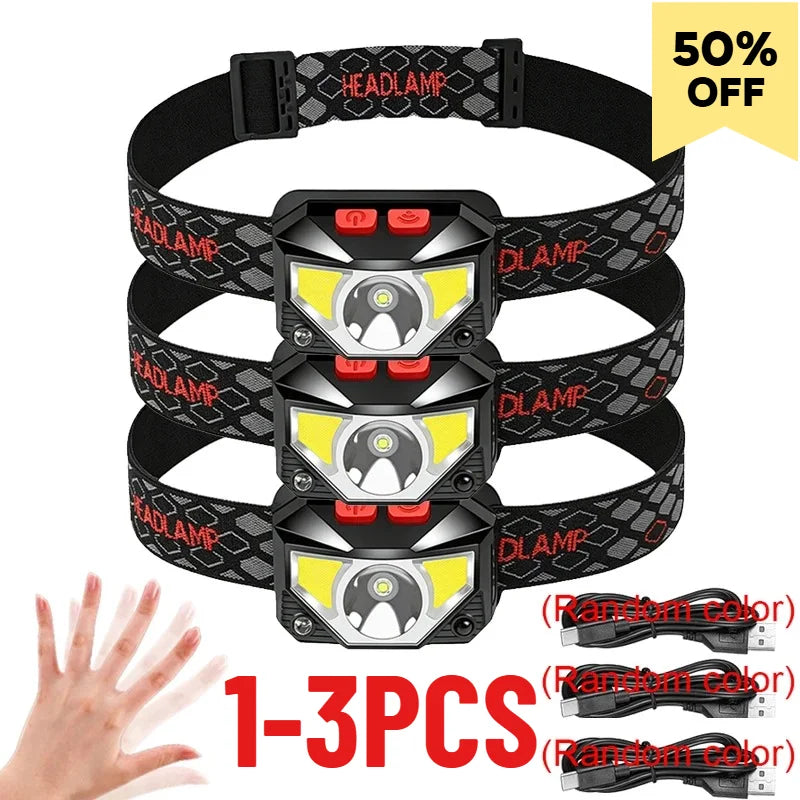 1-3PCS Rechargeable LED Headlamp Sensor Headlight With COB and LED Beads 8 Lighting Modes White and Red Light Fishing Light