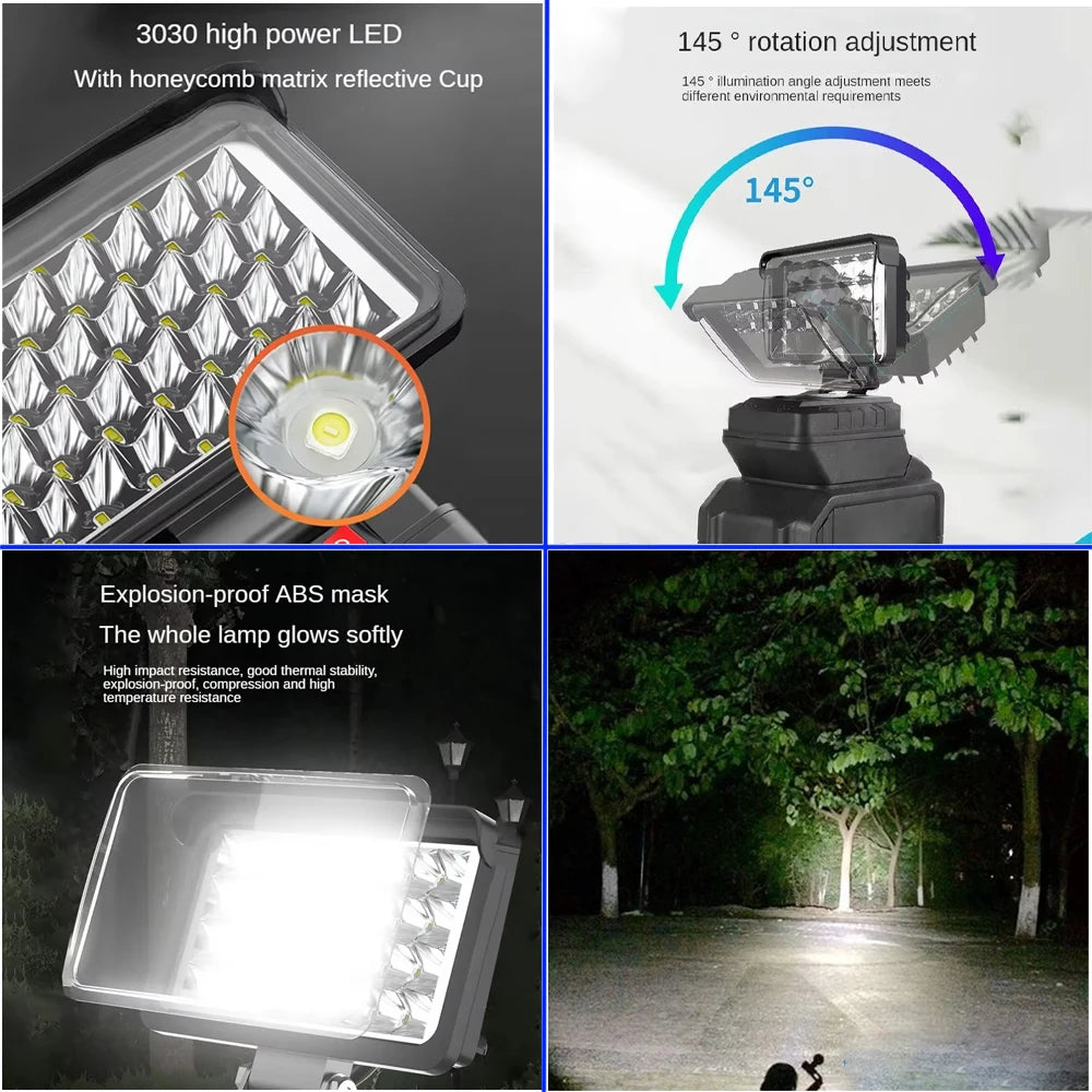 Led Light Portable Spotlight Cordless Outdoor Work Fishing Handheld Emergency ToolLight Fit Makita/Dewalt/Milwaukee 18V Battery