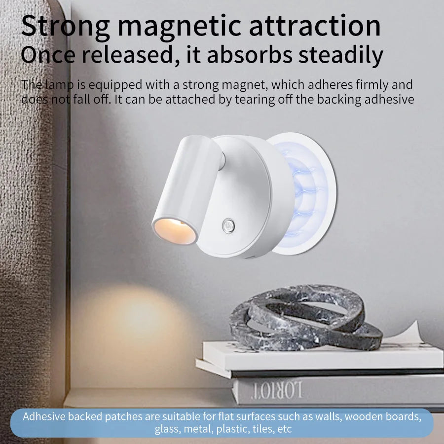 LED Light Magnetic Rechargeable Wall Light Spotlight Wireless No Punch Reading Light with Touch Switch Dimmable Bedside Lamp