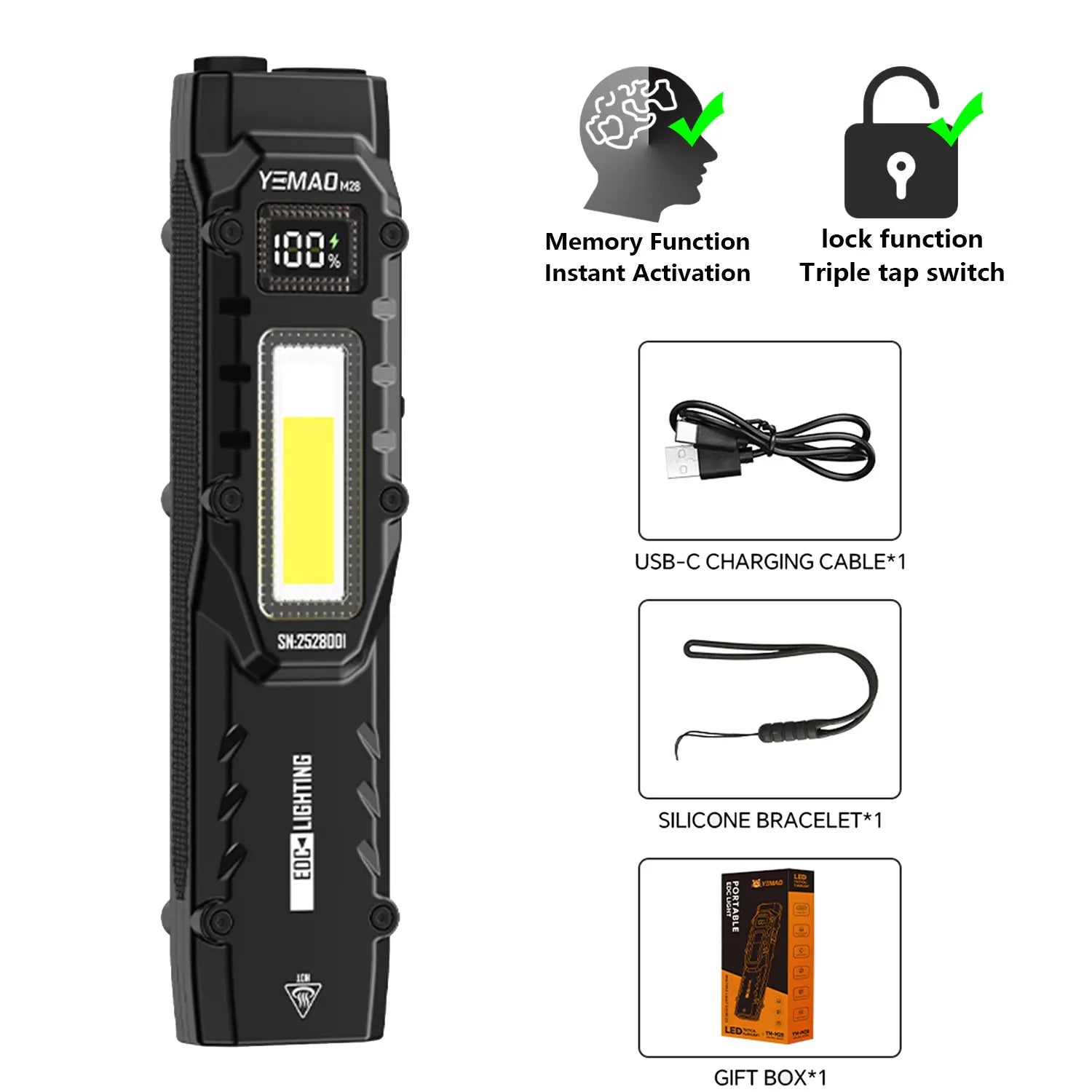 eDC tactical flashlight,1100LM rechargeable lED flat flashlight w/Clip & digital display,Pocket flashlight for camping emergency