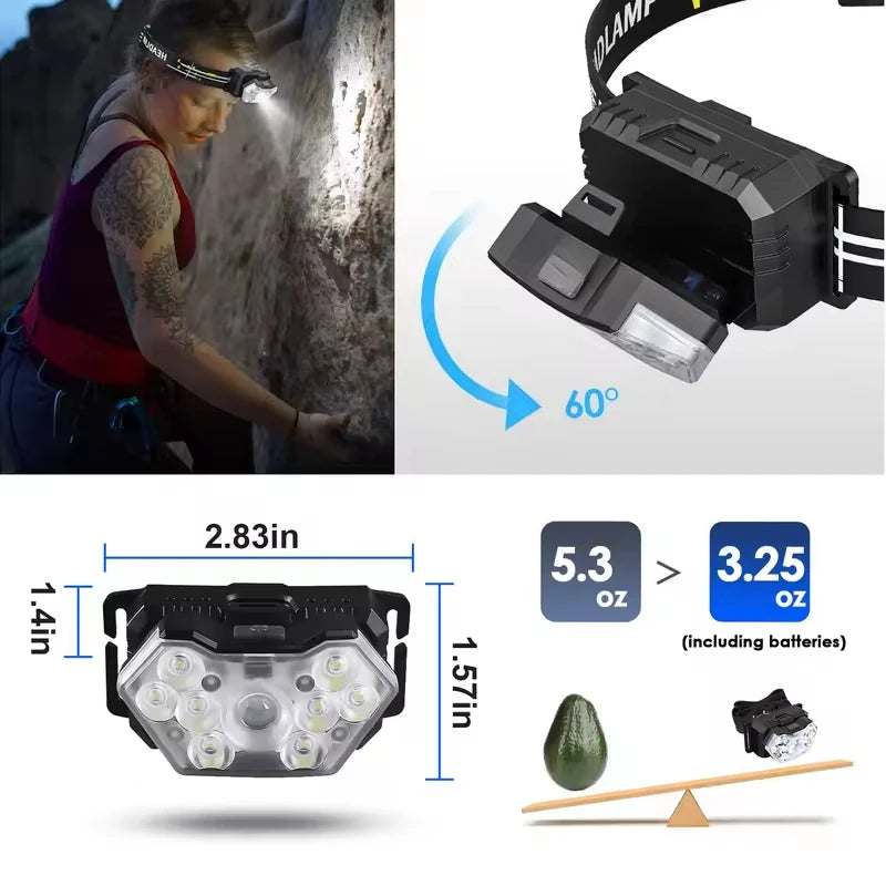 Portable 9-LED Headlamp Flashlight AAA Battery Powered High Brightness for Camping Fishing Hiking Outdoor Work Emergency Light