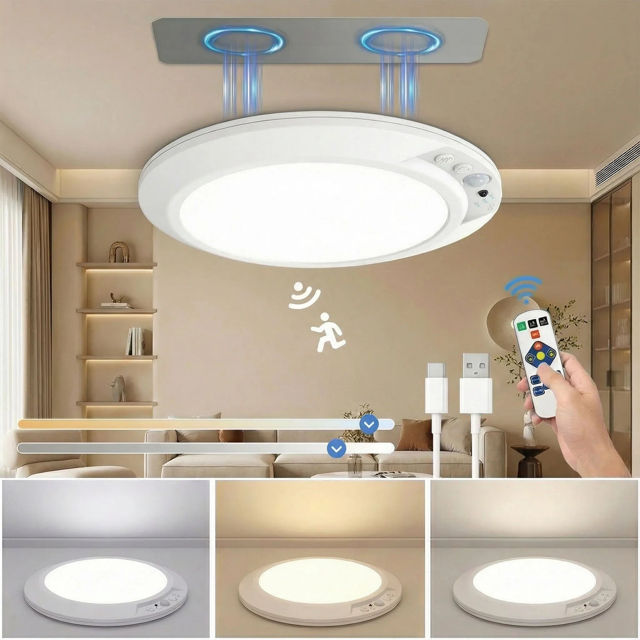 Rechargeable Motion Sensor Ceiling Light Magnetic Wireless Smart LED Lamp Dimmable 3000K-6000K for Bedroom Hallway