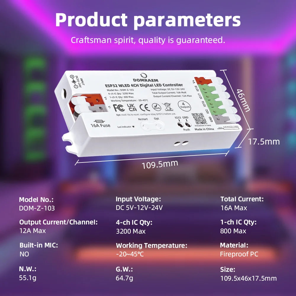 DOMRAEM ESP32 WLED Controller 4-Output 16A Fuse Level Shifter Low Power for WS2811/12B/05/SK6812 Addressable RGB Pixel Lights