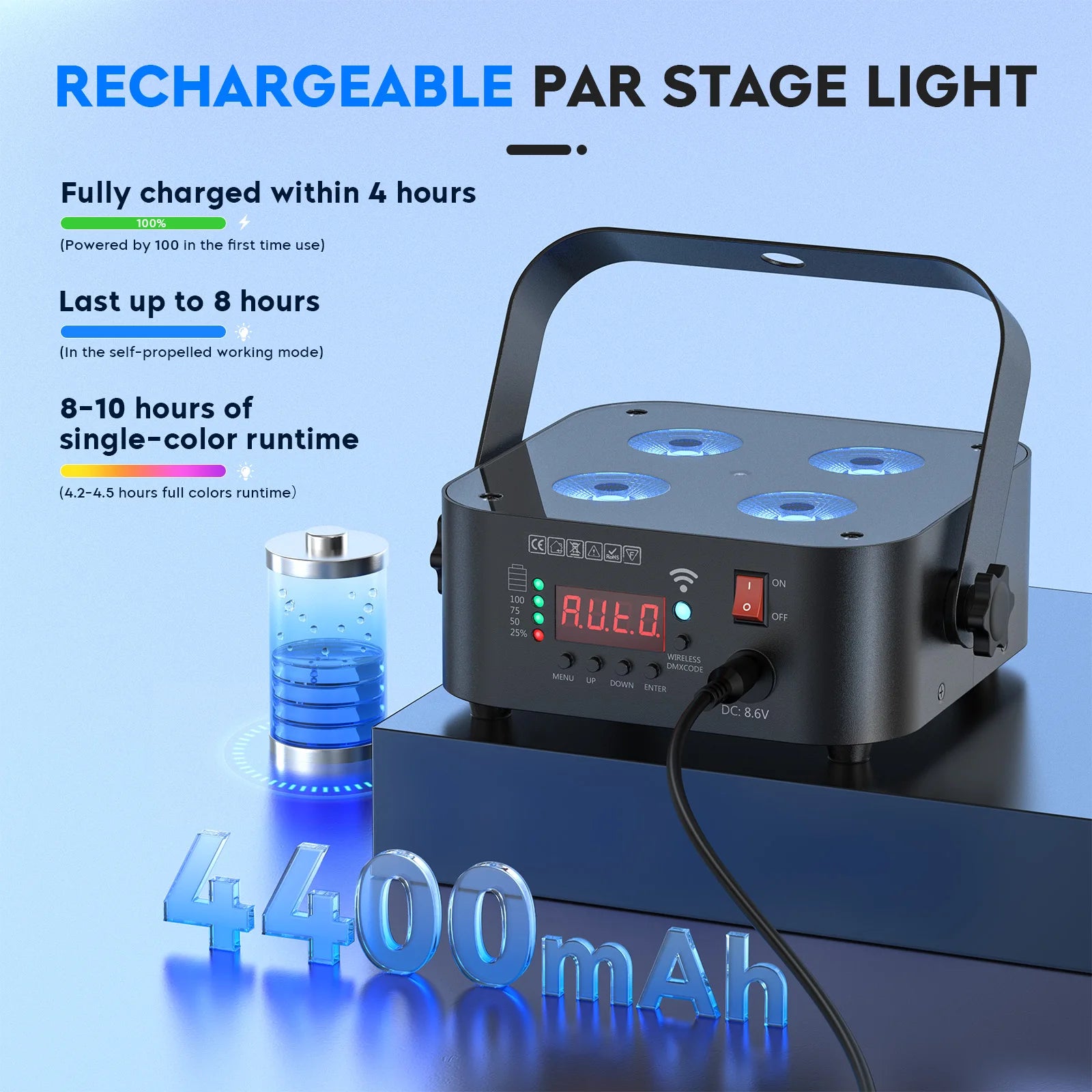 U'King 8Pcs 4X18W RGBWAUV LED Par Lights Rechargeable Battery Powered Stage Light DMX512 Uplights For Wedding Party KTV Bar Show