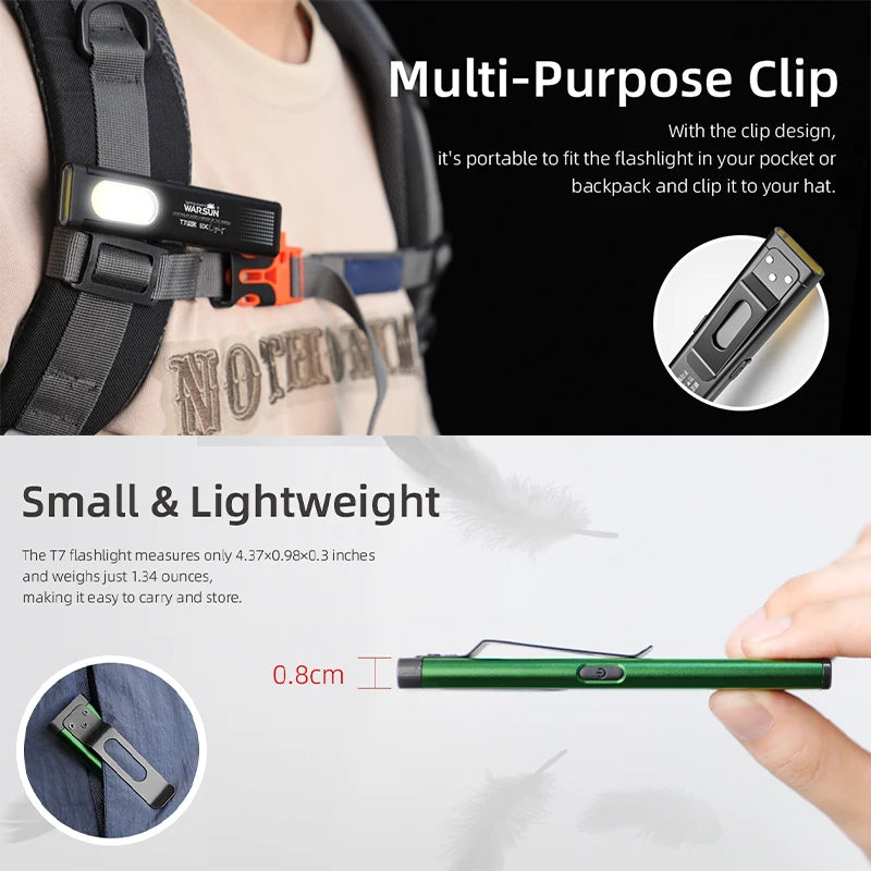 WARSUN T7PRO LED Torch Rechargeable Mini Work Flashlight with Magnet Ultra-thin & Portable for Hiking Camping EDC