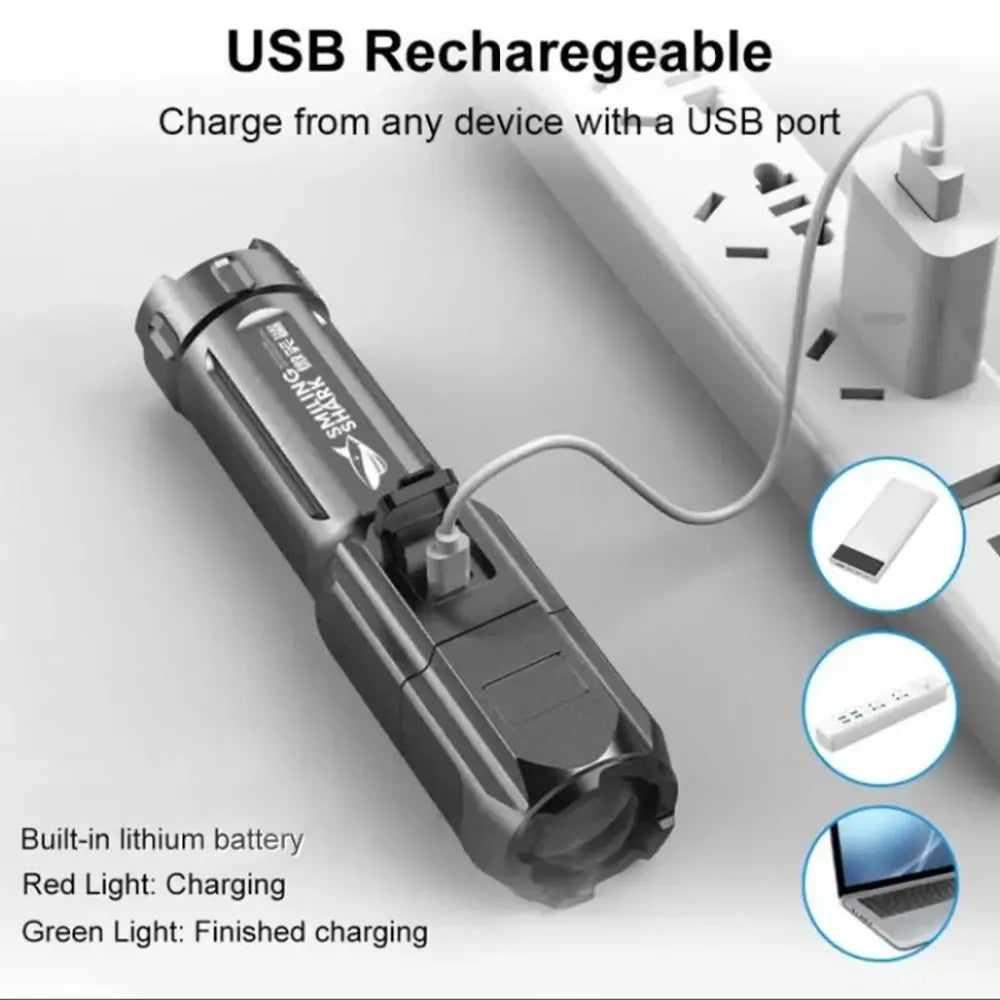 Powerful LED Flashlight with Telescopic Zoom Strong Light Tactical Torch Portable Long-Range Flood Camping Spotlight