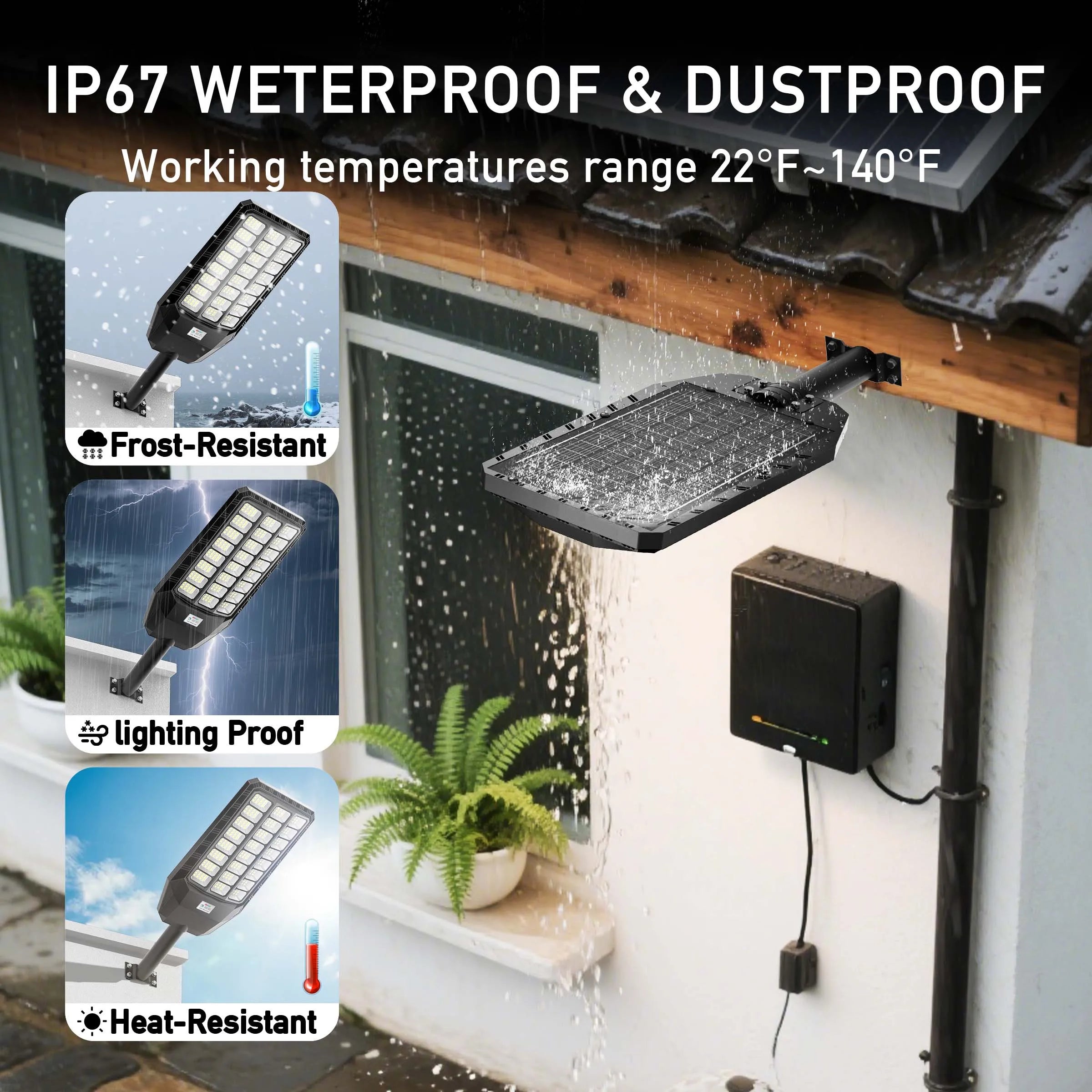 Solar Street Light Outdoor Motion Sensor Dusk to Dawn LED Security Flood Light Remote Control IP66 Waterproof for Parking Lot Garage Yard