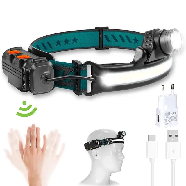 Induction Headlamp XPG+COB LED Head Lamp with Built-in Battery Flashlight Multi-function USB Rechargeable 6 Modes Head Torch