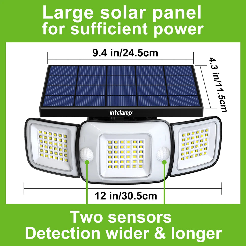 Intelamp Long Battery Life 6000mah Outdoor Solar Light Flood Light Larger Solar Panel Two Motion Sensors For Garden Yard Garage