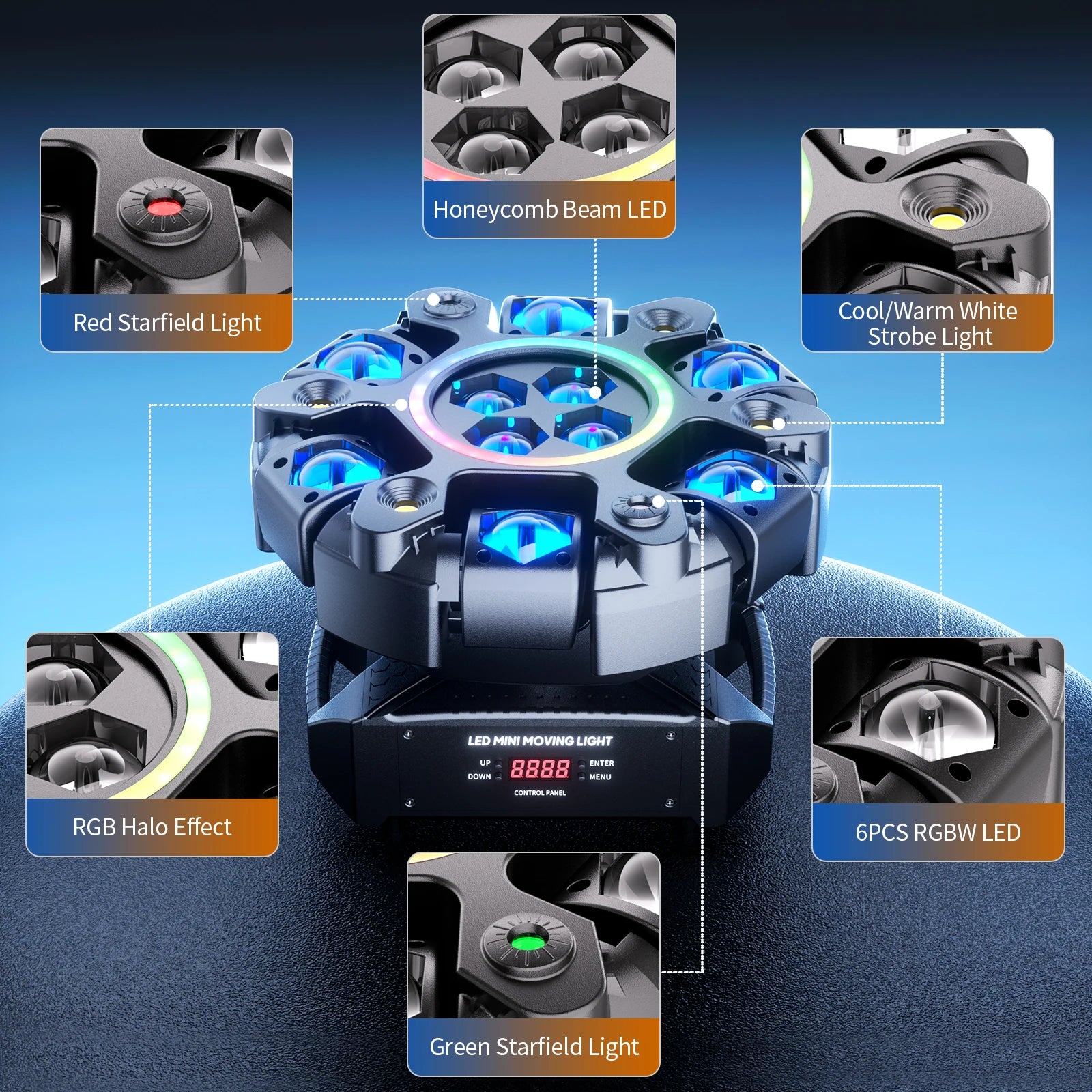 U'King 150W 6-Arm RGBW Beam Moving Head Light With Ring Effect DJ Light DMX Strobe Stage Light For Wedding Live House KTV BarG