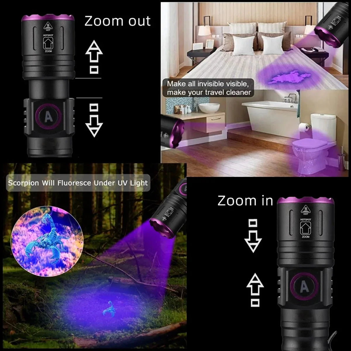 3x365nm UV LED Flashlight High Power Blacklight USB Rechargeable CatDog Pet Stain Tinea UV Glue Curing Scorpion Lamp Torch
