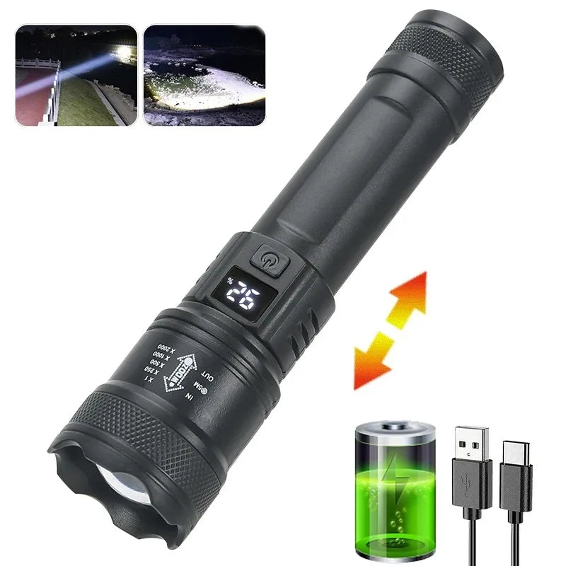 High Strong Power Led Flashlights 2000LM Tactical Torch with Display Light USB Charging Camping Fishing Emergency Zoom Lantern