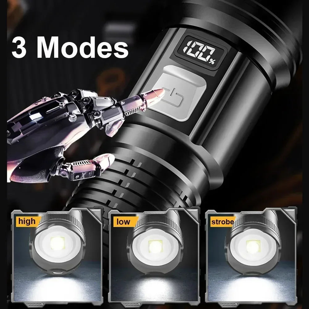 Powerful LED Flashlight with Battery Display USB Rechargeable Light Telescopic Zoom Torch Lamp Outdoor Camping Fishing Lantern