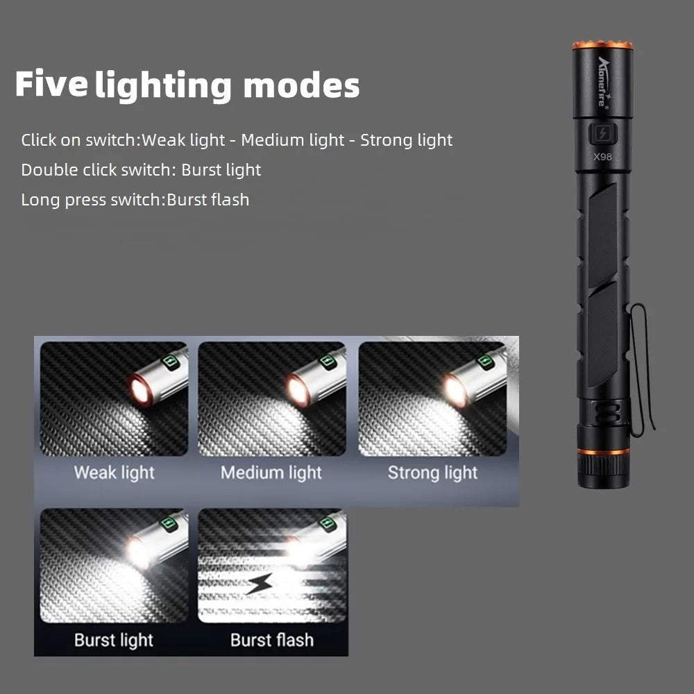 Alonefire Zoom Mini EDC Pen Light Flashlight USB Rechargeable Magnet Small Torch Outdoor Hiking Travel Camping Work Repair Lamp