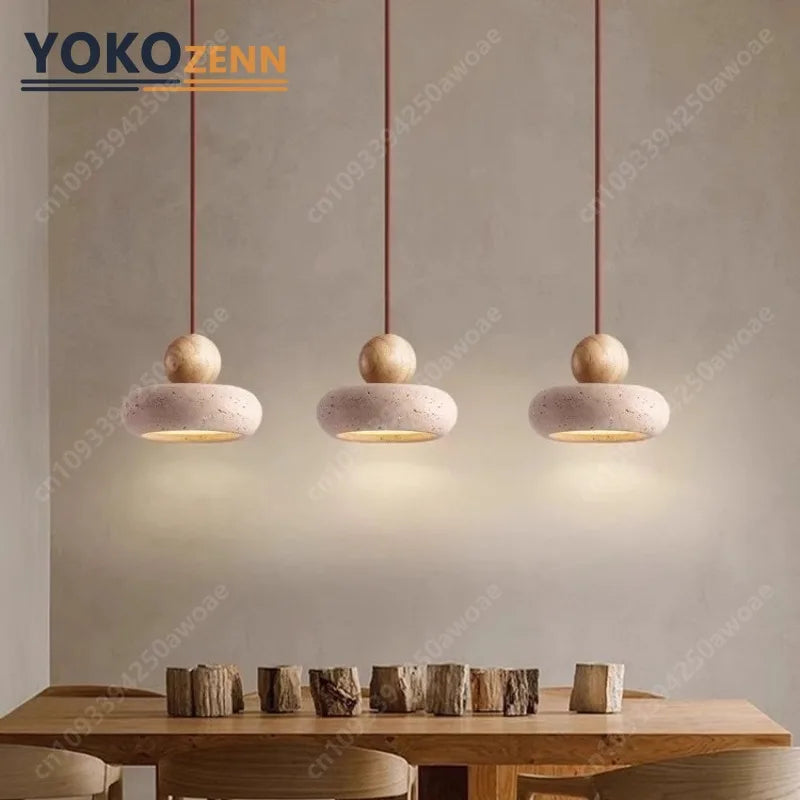 Japanese Travertine Stone LED Pendant Light, Wabi-Sabi Natural Stone Chandeliers for Kitchen Island Restaurant Bedroom Decor