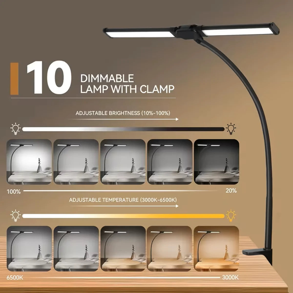Double Head Desk Lamp LED Clip-on 3 Modes Brightness Adjustable 3000K-6000K USB Adapter Computer Screen Light 180 Degree Foldable for Reading Studying Office