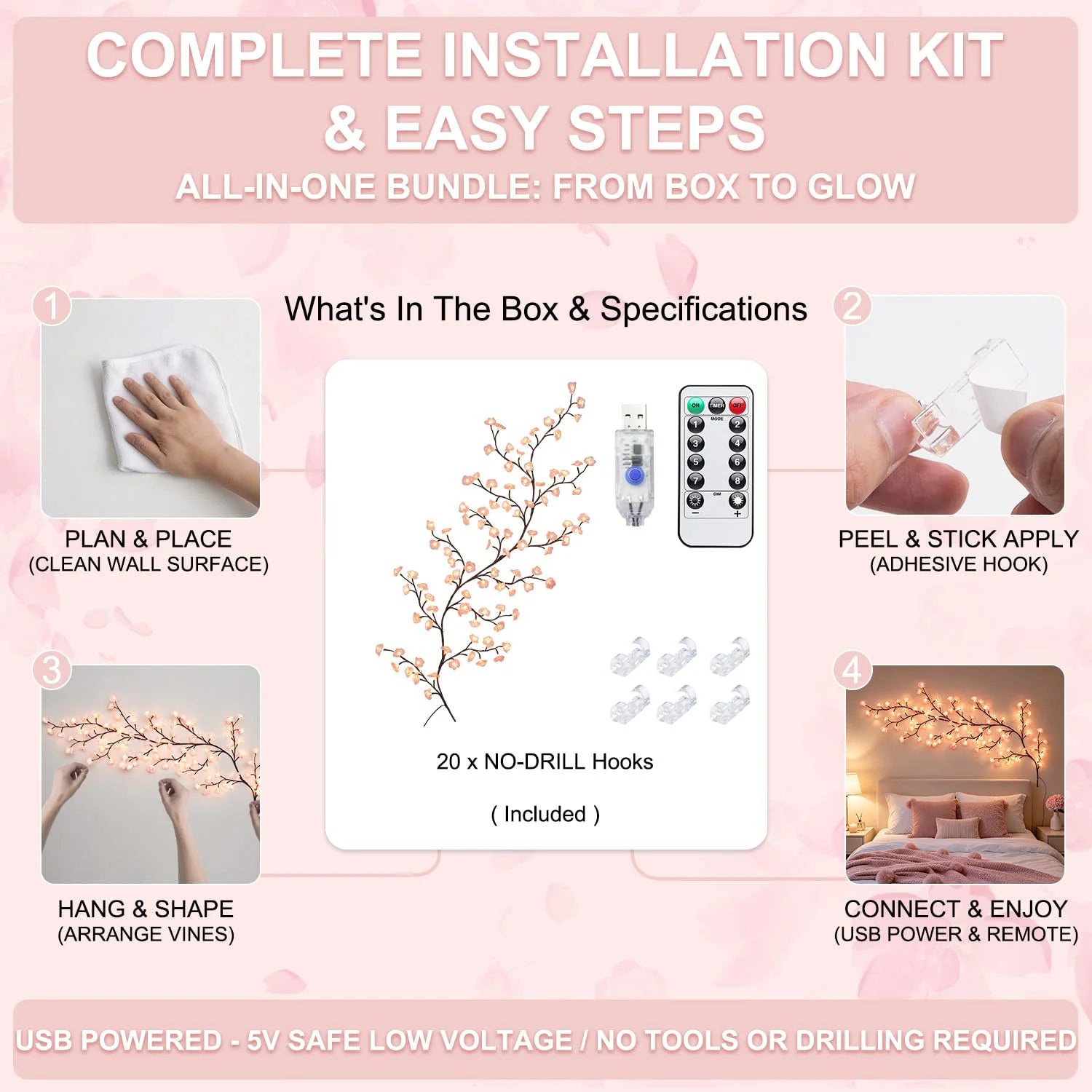 Cherry Willow Vine Lights for Kawaii Room Decor, 72LEDS Pink Cherry Blossom Tree Branch Lights for Wall, Remote Timer, 8 Modes, Bedroom Doors Wedding Christmas Decor, USB