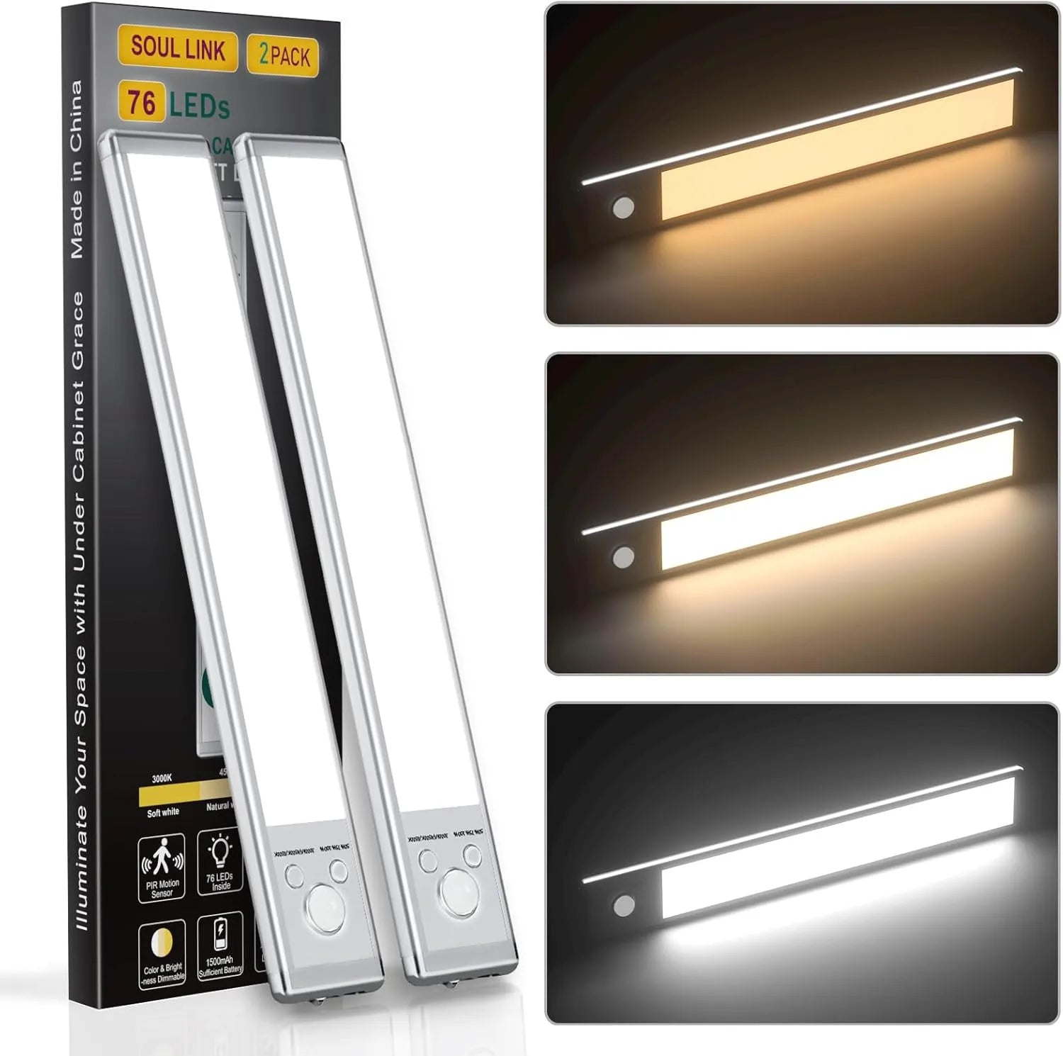 Wireless USB-C Rechargeable Under Counter Lights 3 Color Temperatures & Adjustable Brightness 76 LED Operated Motion Sensor Light Indoor  Magnetic Mount for Kitchen 1500Mah USB Rech 9.6inch Under Cabinet Lights Under Cabinet