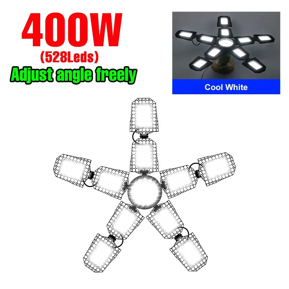 400W LED Deformation Garage Lamp E27/E26 Foldable Workshop Bulb 220V Spotlight 110V Warehouse Basements Large Area Lighting