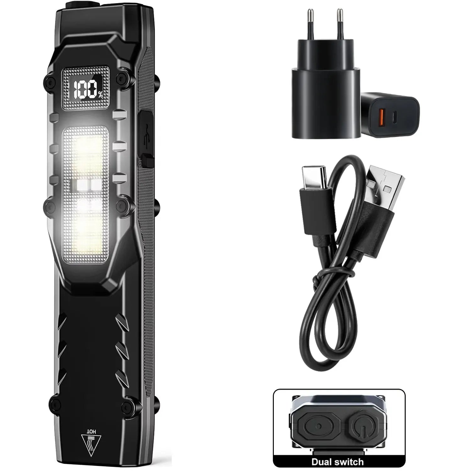 eDC tactical flashlight,1100LM rechargeable lED flat flashlight w/Clip & digital display,Pocket flashlight for camping emergency