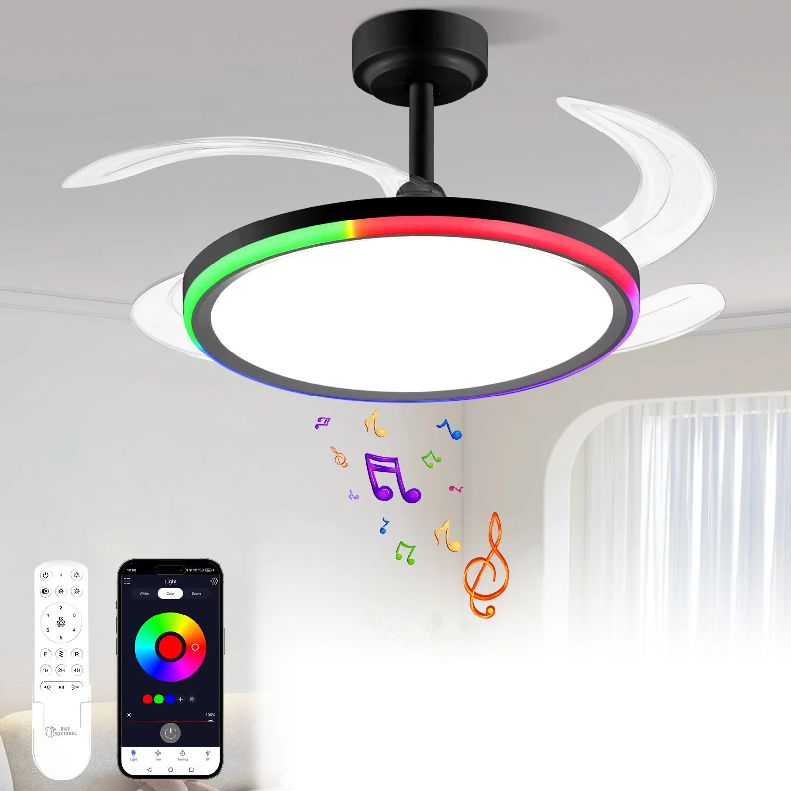42-Inch Smart Retractable Ceiling Fan Light Breathtaking Lighting Effects, Full-Color RGB Dimming Strip with Memory Function, Bluetooth Speaker, and Convenient Control via App or Remote. Features a 6-Speed Reversible Fan for