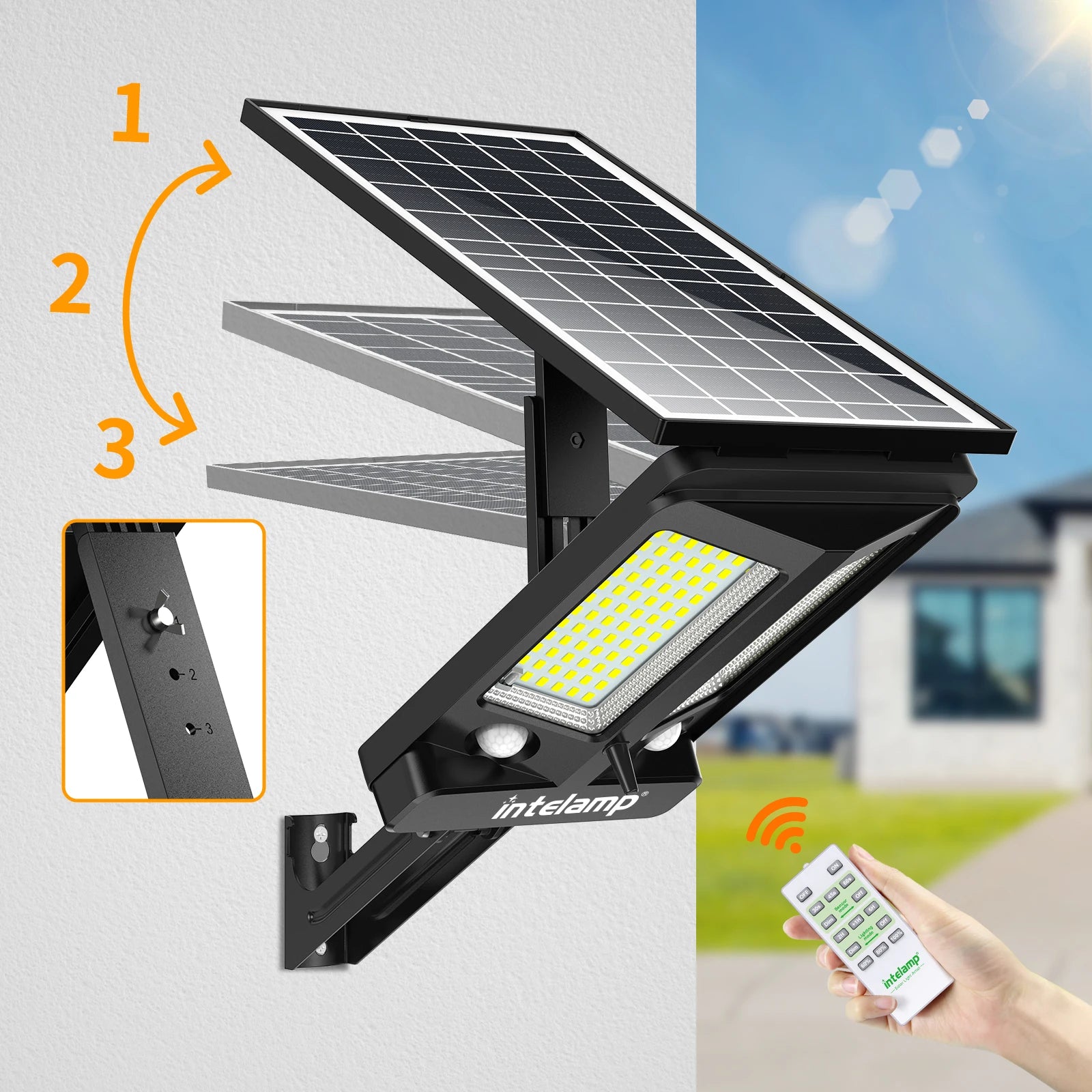 Intelamp Long Battery Life 12500Mah Super Bright Outdoor Solar Street Lights Larger Solar Panel Faster Charging Two Motion Sensors Detect Wider&Longer Range for Courtyard Walkway Garage Parking Lot
