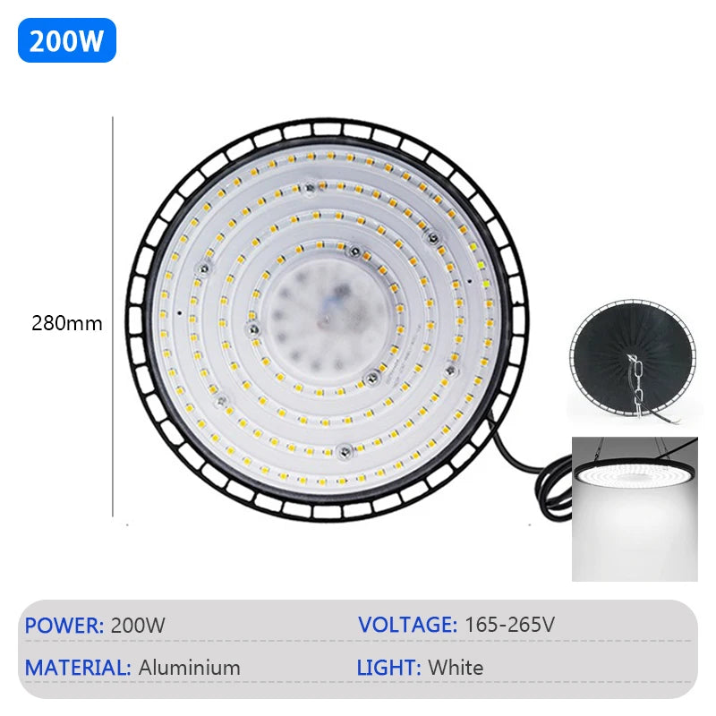 Super Bright 100/150/200W UFO LED High Bay Light Waterproof Commercial Industrial Market Warehouse Workshop Factory Garage Lamp