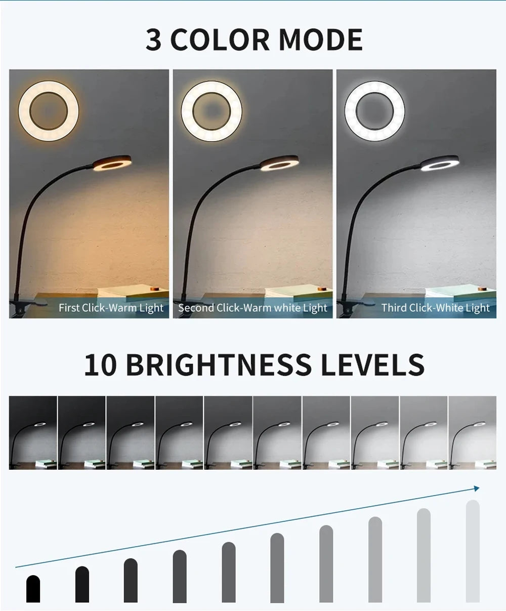 Clip on Light LED Reading Book Study Lamp 3 Color Modes 10 Brightness Eye Protection 360° Flexible Gooseneck Student Desk Lamp