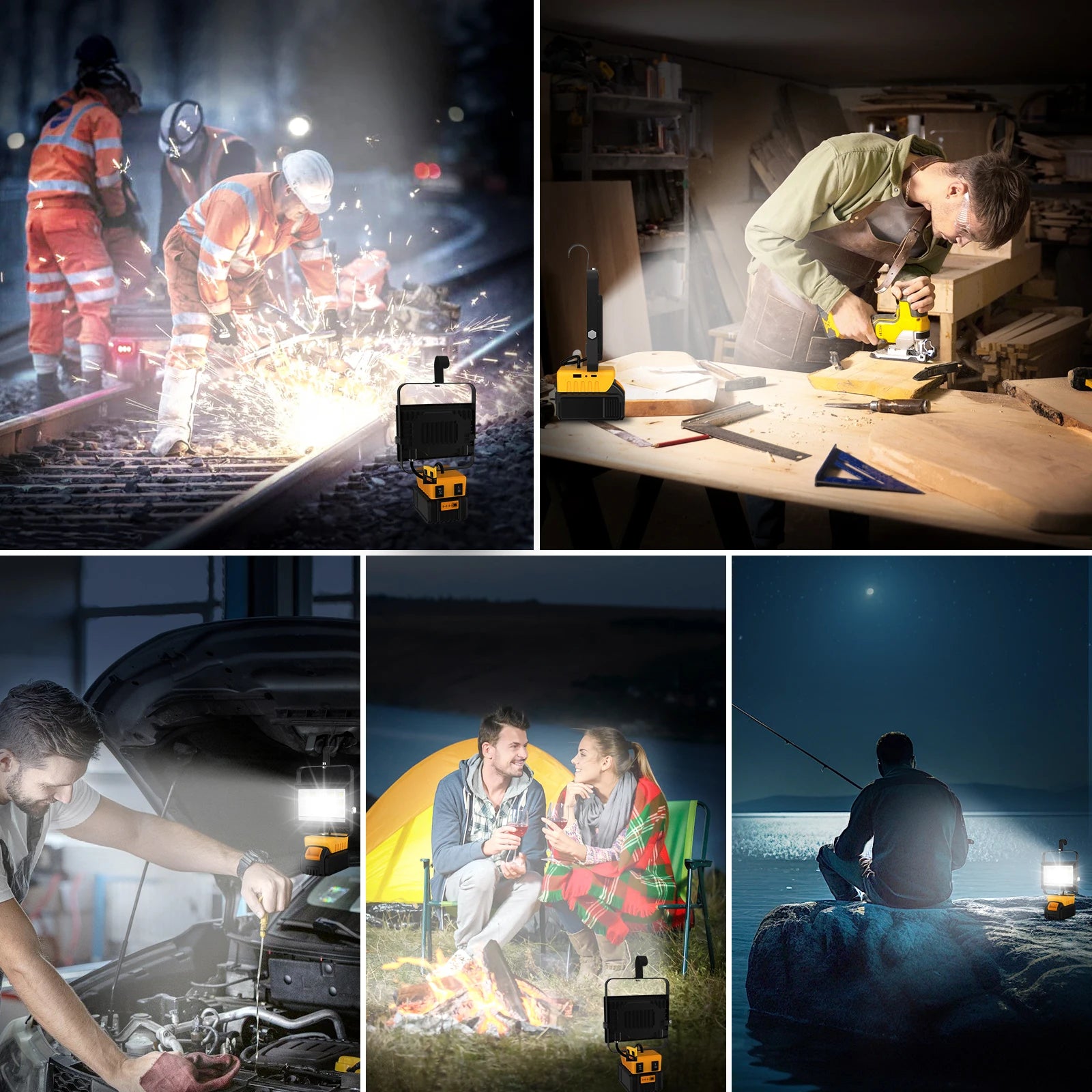 Portable 60W LED Work Light With Hook Handheld Emergency Camping 6000LM Rechargeable Flood Light Compatible With DeWalt Makita