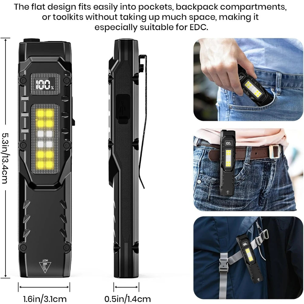eDC tactical flashlight,1100LM rechargeable lED flat flashlight w/Clip & digital display,Pocket flashlight for camping emergency