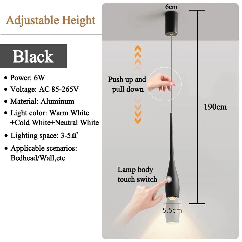 MARPOU LED Pendant Light 6W Adjustable Height Touch Switch Modern Minimalist Creative Design Chandelier for Bedroom Bedside Bar