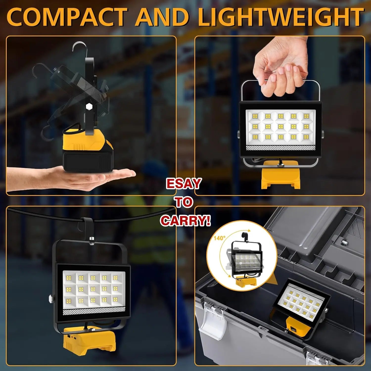 Portable 60W LED Work Light With Hook Handheld Emergency Camping 6000LM Rechargeable Flood Light Compatible With DeWalt Makita