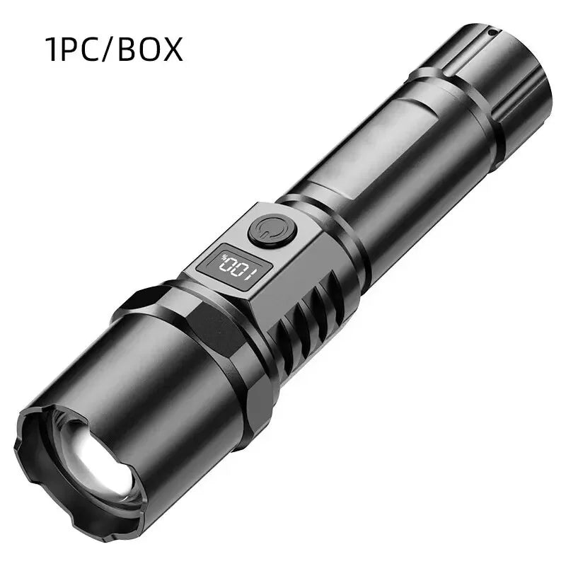 10000LM High Power LED Flashlight Long-range USB C Rechargeable Flashlight Power Display Zoom Lantern For Outdoor Camping Torch