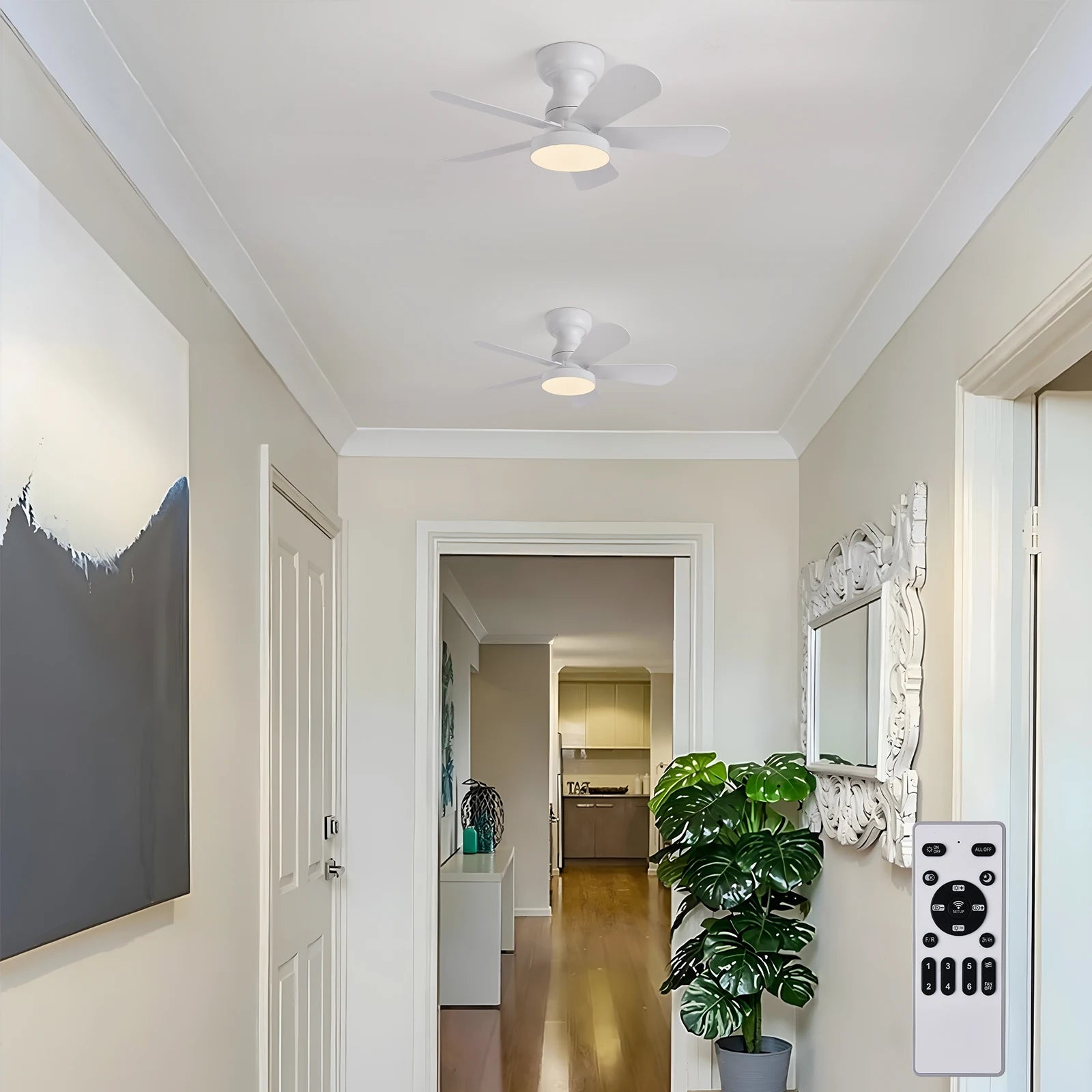Indoor/Outdoor Flush Mount Ceiling Fan with Remote Control - 5 Blade Low Profile Fandelier - Reversible Quiet Timer